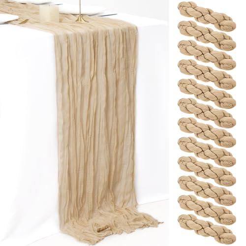 12 Pack 10Ft Beige Cheesecloth Table Runner 35 x 120 inch Boho Gauze Cheese Cloth Table Runner Vintage Rustic Sheer Runners for Wedding Bridal Shower Birthday Party Cake Table Decorations