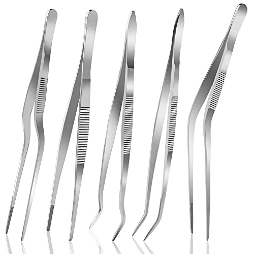 Yokudo 6.3 Inch Food Tweezers Stainless Steel with Precision Serrated Tips, 5PCS Kitchen Tweezers Set for Cooking, Baking, Cookie Cake Decoration, Metal Plating Tweezers