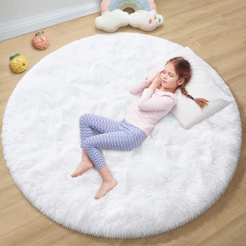 EVOIONOS White Round Rug for Girls Bedroom, Fluffy Circle Rug for Kids Room, 5x5 Feet Plush Area Rug for Bedroom, Soft Fuzzy Circular Rug, Non Slip Shaggy Living Room Rug, Nursery Dorm Cute Rug Decor