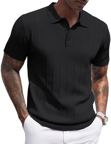 COOFANDY Mens Knit Polo Shirt Textured Polo Shirts Short Sleeve Banded Bottom Polo T Shirts Golf V Neck Polo Shirts Summer Clothing 2025 Black