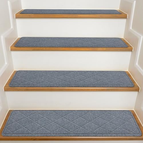 Stair Treads Non Slip for Wooden Steps Indoor, KOOTETA 15 Pack 8" X 30" Carpet Stair Treads with Reusable Adhesive for Kids Elders and Dogs, Surface Polyester TPR Backing Stair Runner Rugs, Dark Grey