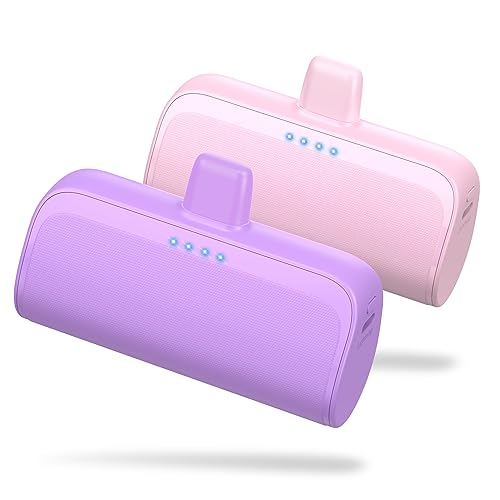 [2 Pack]Mini Portable Charger for iPhone,5200mAh Ultra-Compact Fast Charging Power Bank Cordless Cute Small Smart Battery Pack Compatible with iPhone 14/14 Pro Max/13/13 Pro/12/XR/8/7/6(Pink+Purple)