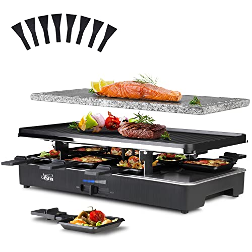 Artestia 1700W Raclette Table Grill with Steak Stone Cooking for Party, 2-in-1 Korean BBQ Grill Electric Indoor & Outdoor Cheese Raclette, Non-Stick Reversible Plate - 8-Person