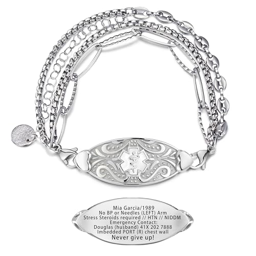 ASTERY Custom Medical Alert Multi-chains Bracelet for Women with Free Engraving,Personalized Emergency Identification Women's ID Bracelet Medical Alert Jewelry