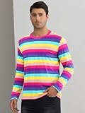 Lars Amadeus Rainbow Striped T-Shirt for Men's Crew Neck Long Sleeves Casual Pullover Tee Shirts Medium Pink Purple