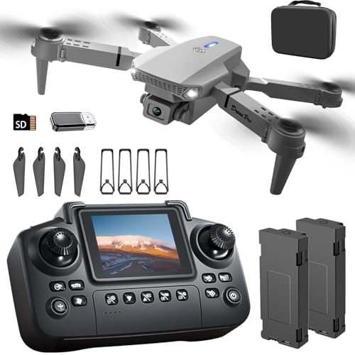 elecci E88 Drone with Screen Controller with SD card, Foldable Mini Drone for Beginners, 2 Batteries, 360° Flips Waypoint Fly, Active Obstacle Avoidance, One Key Take Off/Landing. (2 batteries - White)
