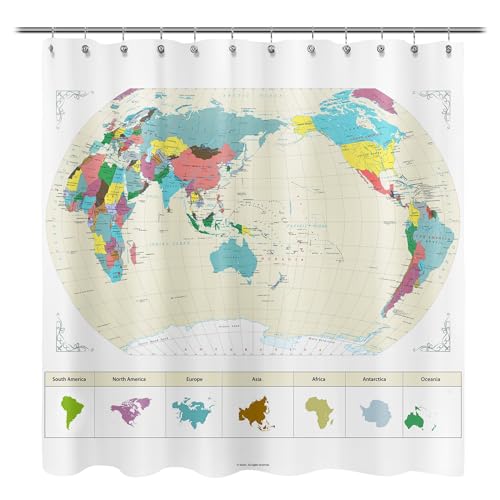 Updated World Map Fabric Shower Curtain, Map of The World with Detailed Major Cities Shower Curtains for Kids, Geography Educational Bathroom Curtain, Large Home Decor Wall Map, 71" x 71"