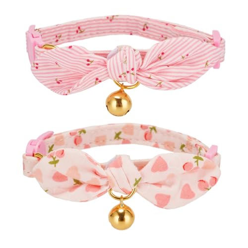 YUDOTE Cotton Bowtie Cat Collar with Bell 2 Pack Adjustable Breakaway Kitten Collars with Removeable Bow Pink Girl Cat Collars