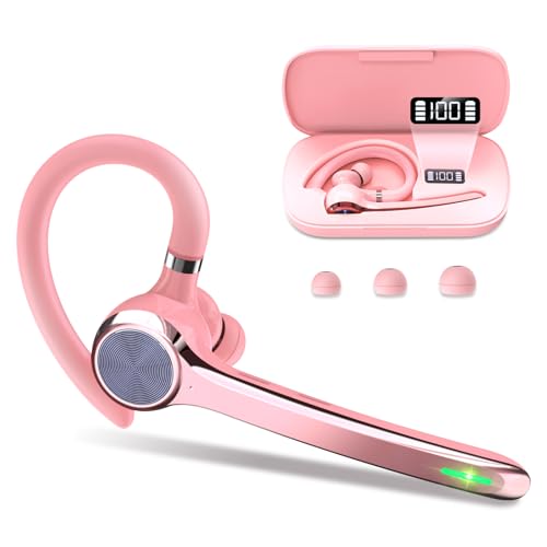 Bluetooth Headset, Wireless Bluetooth Earpiece with 500mAh Charging Case 72 Hours Talking Time Built-in Microphone for iOS Android Cell Phone, V5.1 Hand-Free Headphones for Trucker-Grayish Pink