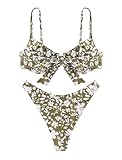 ZAFUL Women's Twist Front Bikini Sets Underwire Tie Back Bikini High Waisted Two Piece Swimsuit (1-Floral Green, M)