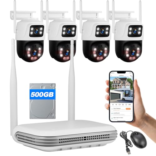 Fuers Wireless WiFi Security Camera System, 8CH HD NVR Kit, 4Pcs 5MP CCTV Home Dual Lens Security Camera System for Indoor/Outdoor Use, Night Vision, Waterproof, Motion Detection, 500G Hard Drive