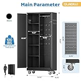 GLADIW Garage Storage Cabinet with Wheels, Metal Storage Cabinet with Lockable Doors and 4 Adjustable Shelves, Metal Locker with Pegboards for Garages, Offices, Gyms and Pantries, Black