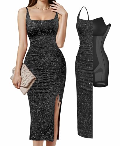 Popilush Sparkly Formal Dresses for Women Tummy Control Cocktail Shapewear Dress Square Neck Ruched Black Midi Dress Side Slit