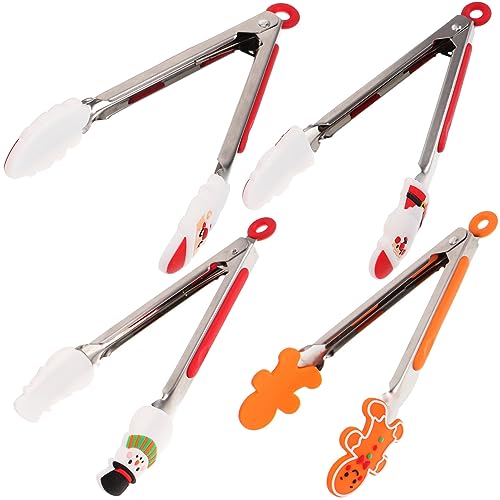 Christmas Silicone Mini Tongs, Set of 4 8 Inch Christmas Style Tongs, Small Colourful Tongs for Serving Food, Ice Cube, fruits, Sugar