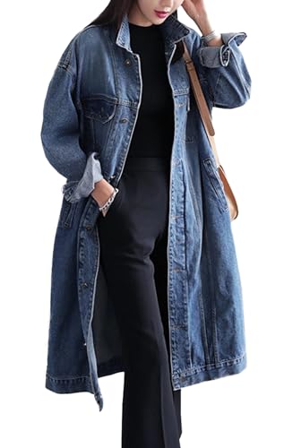 Jofemuho Womens Classic Jean Jacket Plus Size Loose Long Sleeve Button Down Denim Trench Coat Blue 2XL