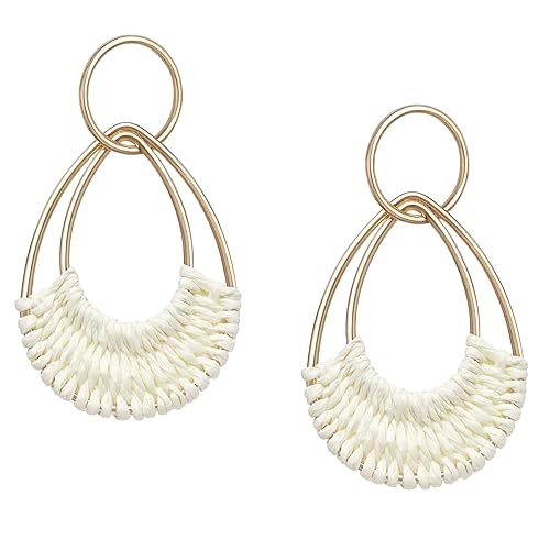 Rattan Teardrop Earrings for Women Trendy Boho Summer Beach Earrings Handmade Straw Wicker Rattan Dangle Earrings Statement Long Drop Earrings Stud Vacation Jewelry, White