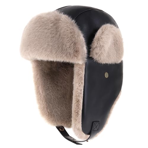 PU Leather Trapper Hat with Faux Fur Lining Warm Aviator Hat - Durable Stylish Winter Headwear for Skiing Hunting Snowboarding (Black)