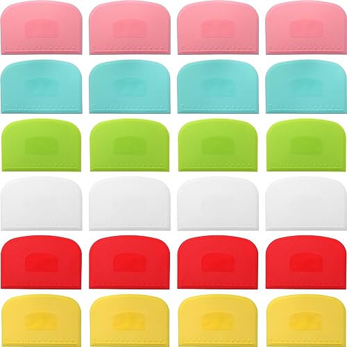 Uiifan 24 Pcs Plastic Bench Scraper with Scale Flexible Dough Multipurpose Cake Cutter Pizza Dough Spatula Food Scraper Tool Gift for Bread Pastry Fondant Icing, 6 Colors
