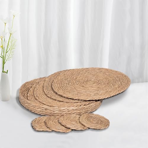 ART Pinecone Woven Round Placemats Set of 4, Rattan Placemats, Heat Resistant Wicker Plate Chargers, Braided Woven Placemats for Dining Table, Patio, Boho & Farmhouse Décor(Cattail Plus Coaster)