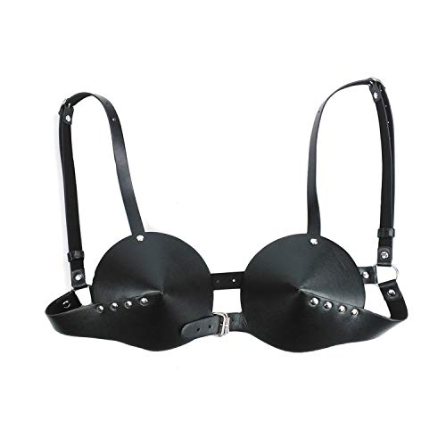 Women's Leather Bullet Cup Bra Body Harness Adjustable Brooch Buckle Punk Lingerie Bra Catwoman Costume(Black)