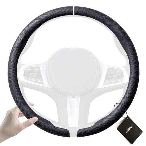 Aimato Car Steering Wheel Cover 2 Piece Non-Slip Clip on Microfiber Leather Steering Wheel Cover,Ultra-Thin Breathable,Universal Fit 14.5"-15" Wheel,Black