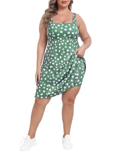 HDE Womens Plus Size Tennis Athletic Workout Dress with Built-in Shorts & Bra Green Ditsy Floral - 16