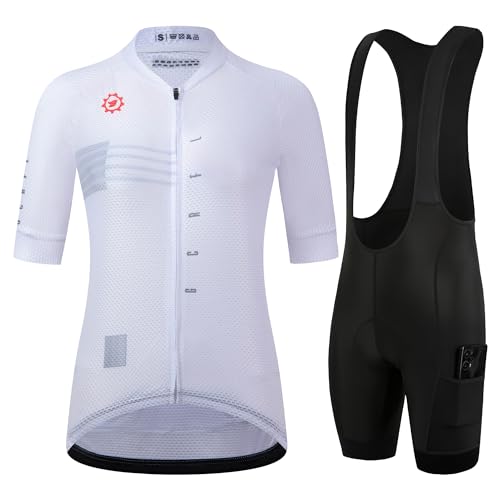 GCRFL Women's Cycling Jersey Sets Road Bike Jersey Riding Shirts Highly Breathable, Bib Shorts with Pockets and 4D Padded(White, S)