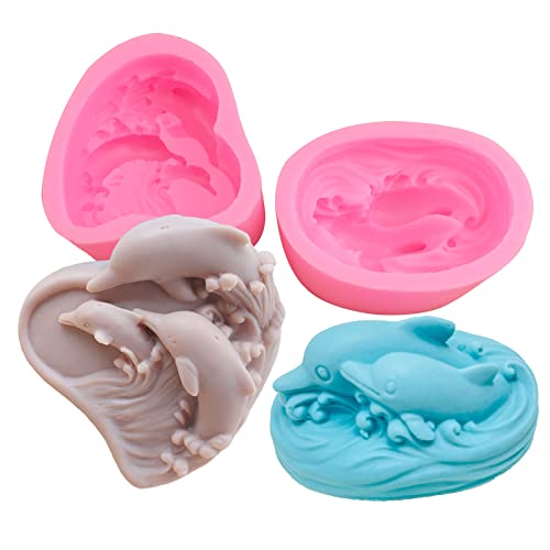 2Pcs Soap Molds Dolphin Silicone Molds 3D Sea Dolphin Shape Soap Candle Wax Mould Marine Epoxy Resin Casting Polymer Clay Art Craft Making Chocolate Fondant Cake Baking Mould Home Wedding Gift Decor