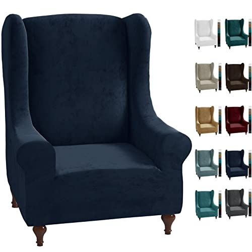 MAXIJIN Stretch Velvet Wingback Chair Slipcover 1-Piece Soft Stylish Plush Slipcovers for Wingback Chairs Thick Rich Velvet Wing Chair Cover with Elastic Bottom (Wing Chair, Navy Blue)