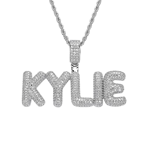 Custom Bubble Letters Iced Out Name Necklace Personalized with 24 Inch Rope Chain Customized Name Pendant Initials Necklace Hip Hop Necklace for Men Women (Silver)