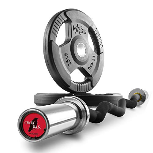 XMark Olympic Bar Curl Bar with Weights Offer, Olympic Weights 25 lb Pair of TRI-GRIP Olympic Weight Plates, Premium Quality, Rubber Coated XM-3377 with EZ Curl Bar, Black Manganese 28mm CROWBAR
