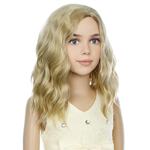 PATTNIUM Blonde Wig Kids Child Short Wavy Wig Ash Blonde Wigs Mixed Blonde Wigs for Gilrs Cosplay Party Heat Resistant Blonde Synthetic Hair(Ash Blonde)