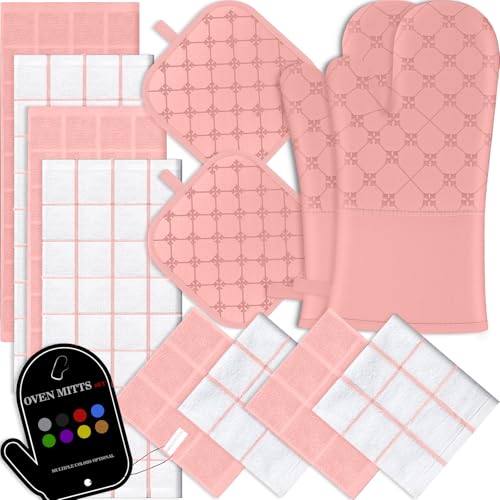 Oven Mitts Kitchen Towels Dishcloths with Pot Holders Sets 12PCS, Dish Towels Sets, Oven Gloves Pot Pads Heat Resistant 500 Degrees with Non-Slip Silicone Surface for Cooking Baking Grilling-Pink