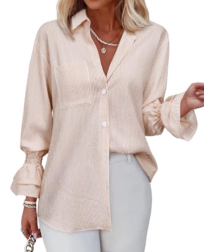 Puff Sleeve Tops for Women Button Up Shirt Boyfriend Shirt Ruffle Flared Bell Long Sleeve V Neck Collared Shirts French 3/4 Sleeve Outfits Casual Work Shirts Dressy Loose Tops Nude Stripe L
