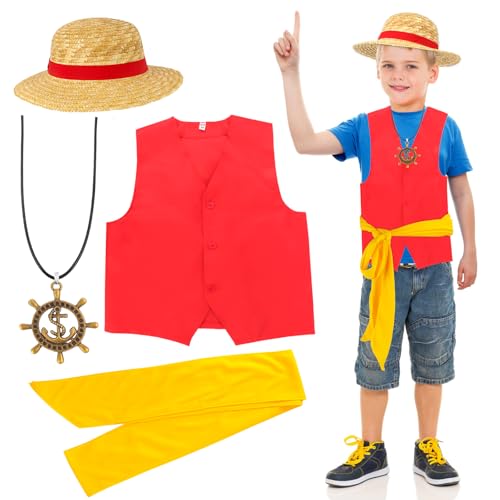 Yewong Kids Anime Straw Hat Costume Set Summer Straw Hat Vest Sash Anchor Necklace for Halloween Dress Up Animation Cosplay (Kid)