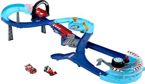 Mattel Disney and Pixar Cars Playset with 2 Toy Cars, Lightning McQueen & Francesco Bernoulli, GRC Jumping Raceway Track Set with Booster