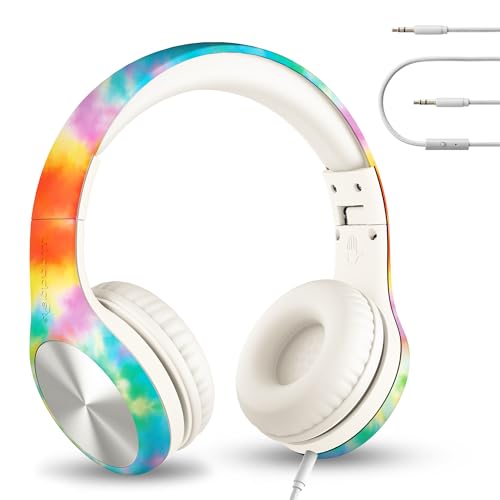 LilGadgets Connect+ Pro Kids Headphones with Mic and Cord, SharePort Technology, Over-Ear Foldable Headset, Volume Limit 93db, Wired Inline 3.5mm Jack for School - Tie Dye Rainbow Headphones for Kids