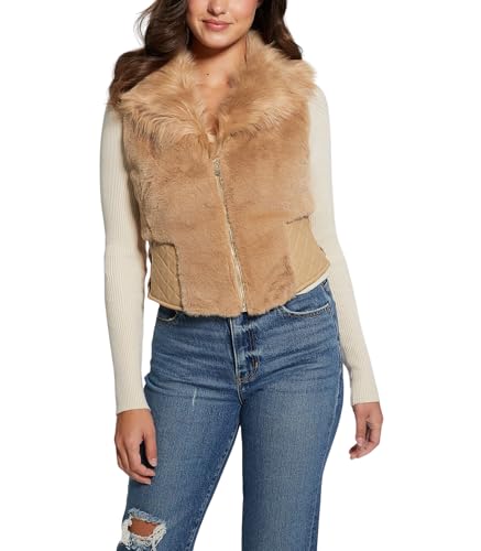 GUESS Women's Sleeveless Emma Fur Vest, Khaki Tan Multi