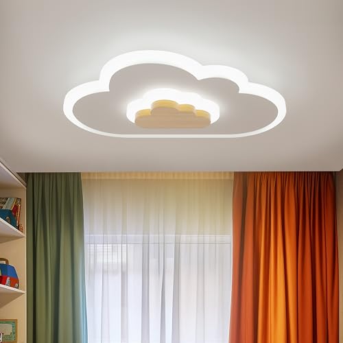 LED Ceiling Light 26W Wood Cloud Cartoon Kids Ceiling Light 19.68in Kids Room Light fixtures Ceiling Mount 3000-6500K with nightlight Ceiling Lamps for bedrooms Girl Boy Nursery Toys Room