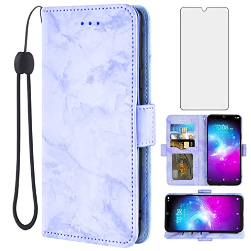 Asuwish Compatible with ZTE Blade A5 2020 Case and Tempered Glass Screen Protector Cell Accessories Card Holder Slot Kickstand Stand Flip Folio Marble Wallet Phone Covers for A 5 5A 2020 4G LTE Purple
