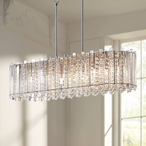 Possini Euro Design Mirabell Chrome Silver Large Linear Island Pendant Chandelier 34" Wide Modern LED Clear Glass Crystal Prism 6-Light Fixture for Kitchen Island Dining Room House High Ceilings