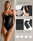 Popilush Black Leather Body Suits for Womens Tummy Control Bodysuits Lace Corset Tops Faux Leather Thong Body Shaper Large