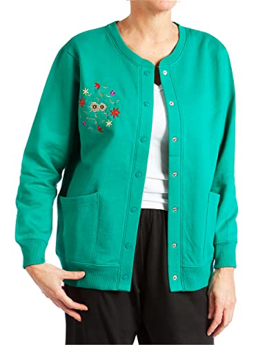 Pembrook Fleece Cardigans for Women with Pockets | Grandma Sweater with Snap Buttons | Embroidery Jackets Clothing for Senior Women
