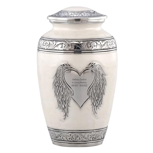 Personalized Angel Wings Urn - Memorials Cremation Urn for Human Ashes Male Female - Handcrafted Angel Wings & Heart Adult Urn - Large Urns - Memorial Urn with Velvet Bag (Pearl White)