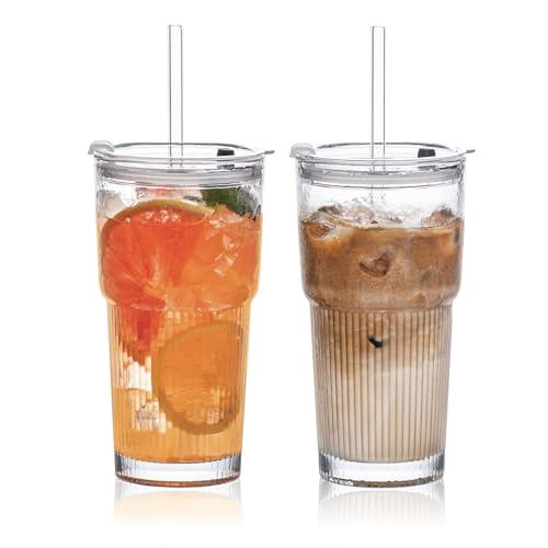 20oz Glass Tumblers with Lids and Straws, Set of 2 - Stylish Ribbed Design Drinking Glasses for Iced Coffee Cups, Juice, Smoothies, Cold Beverages, Includes Cleaning Brush, Durable Glassware