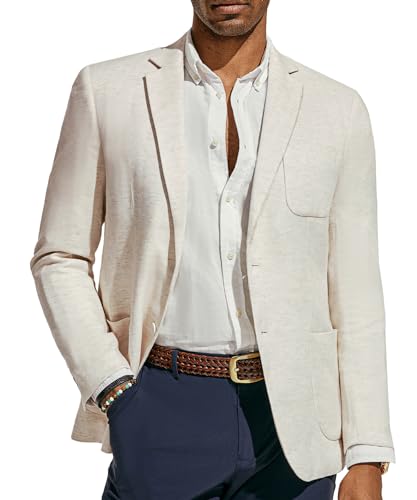 PJ PAUL JONES Men's Sports Jacket Cotton Linen Herringbone Regular Fit Casual Blazer Single Breasted Two Buttons Business Suit Jackets Beige