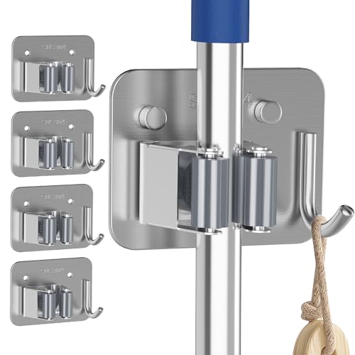 XCIXCI 4 Pack Stainless Steel Mop and Broom Gripper with Hook, Screw Drilling or Self Adhesive Mop and Broom Holder Wall Mount, Storage Rack for Closet Laundry Garage Garden Tool Organizer, Silver