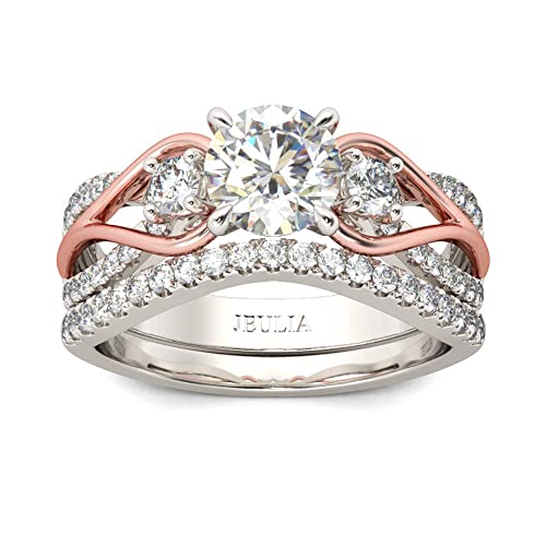 Jeulia Two Tone Rings for Women Rose Gold Three Stone Round Cut Engagement Rings Sterling Silver Halo Bridal Ring Set Anniversary Promise Wedding Ring with Jewelry Gift Box (6.5)
