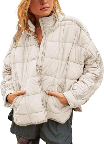 Freyhem Quilted Puffer Jacket Women Lightweight Short Zip Up Padded Coat with Pockets(Khaki-S)