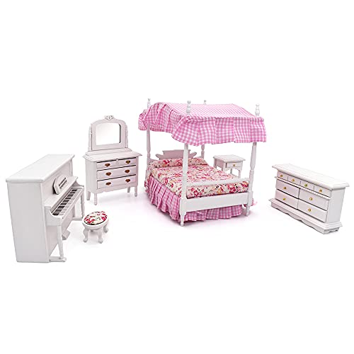 iLAND Wooden Dollhouse Furniture on 1/12 Scale for Girls of Pink Dollhouse Bedroom Set w/Piano (Sweet Doll Furniture 6pcs)